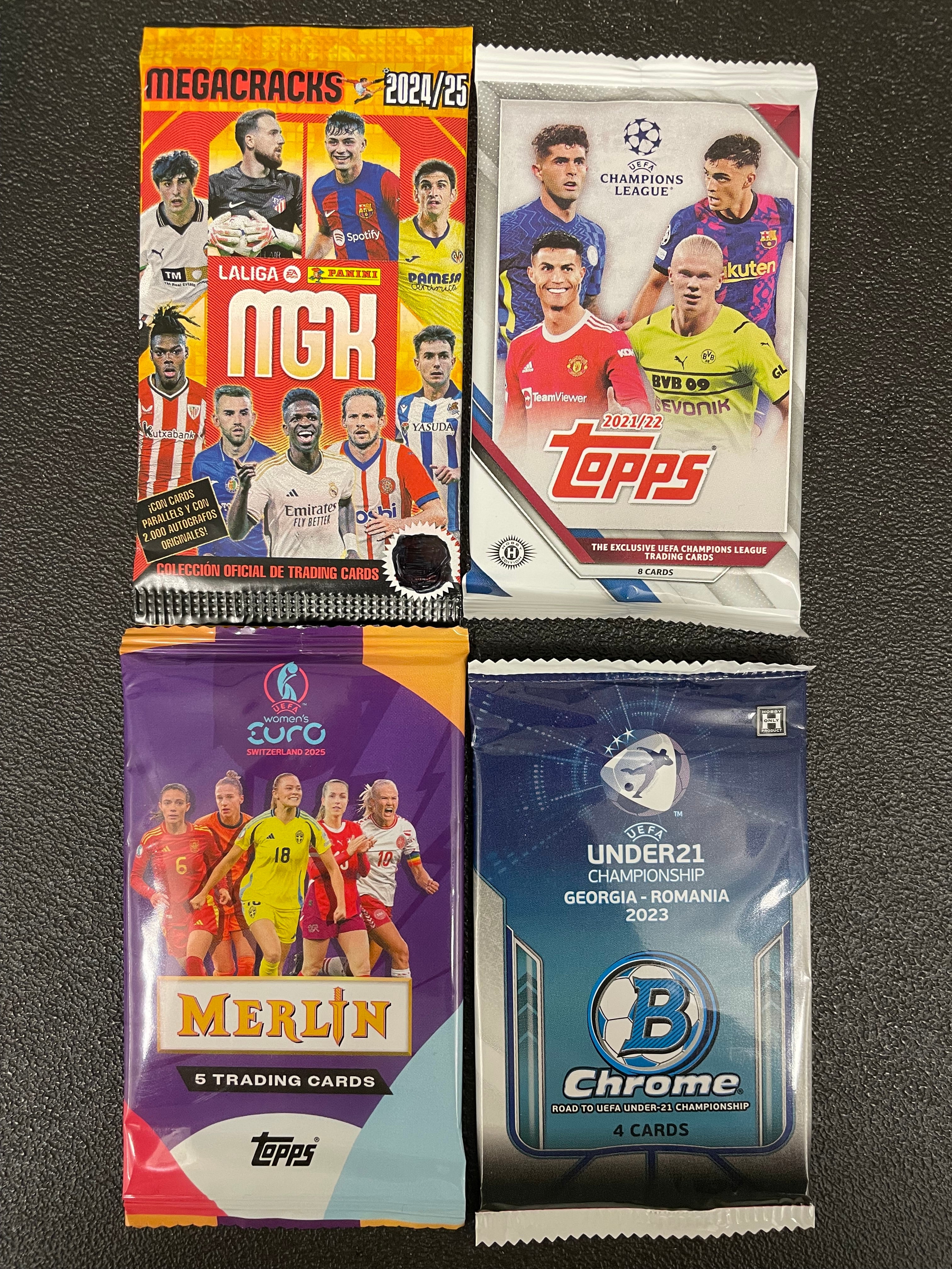 4-Pack Bundle Topps CL 21/22 Flagship - La Liga Mega Cracks 24/25  - Merlin 2025 WEuro - Chrome Under 21 UEFA Championship Packs